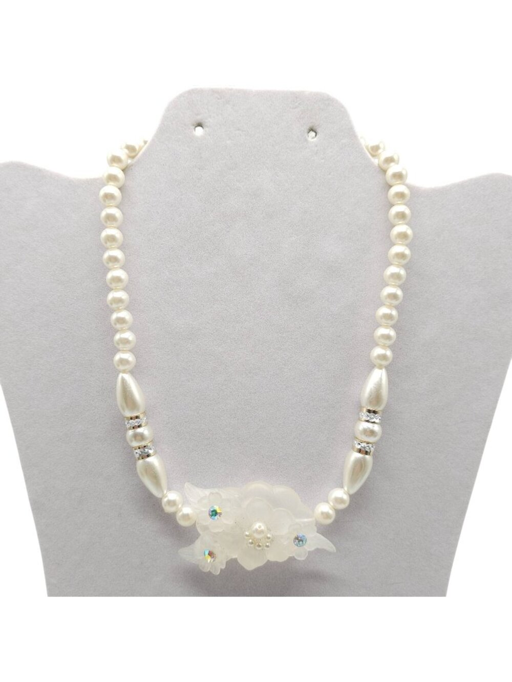 Vintage Faux Pearl Bead Necklace With Floral Crystal Accent Elegant 1980s
